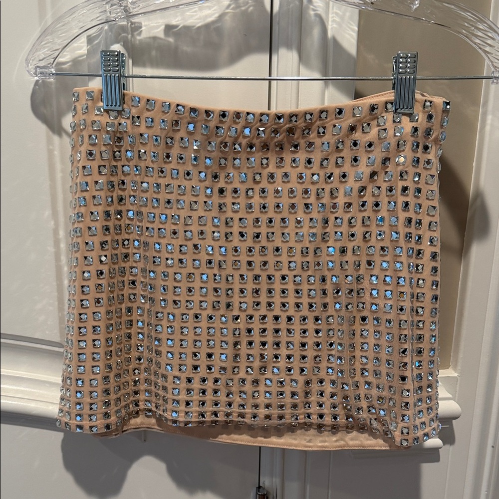 Zara Nude Mini Skirt with Square Rhinestone Studs